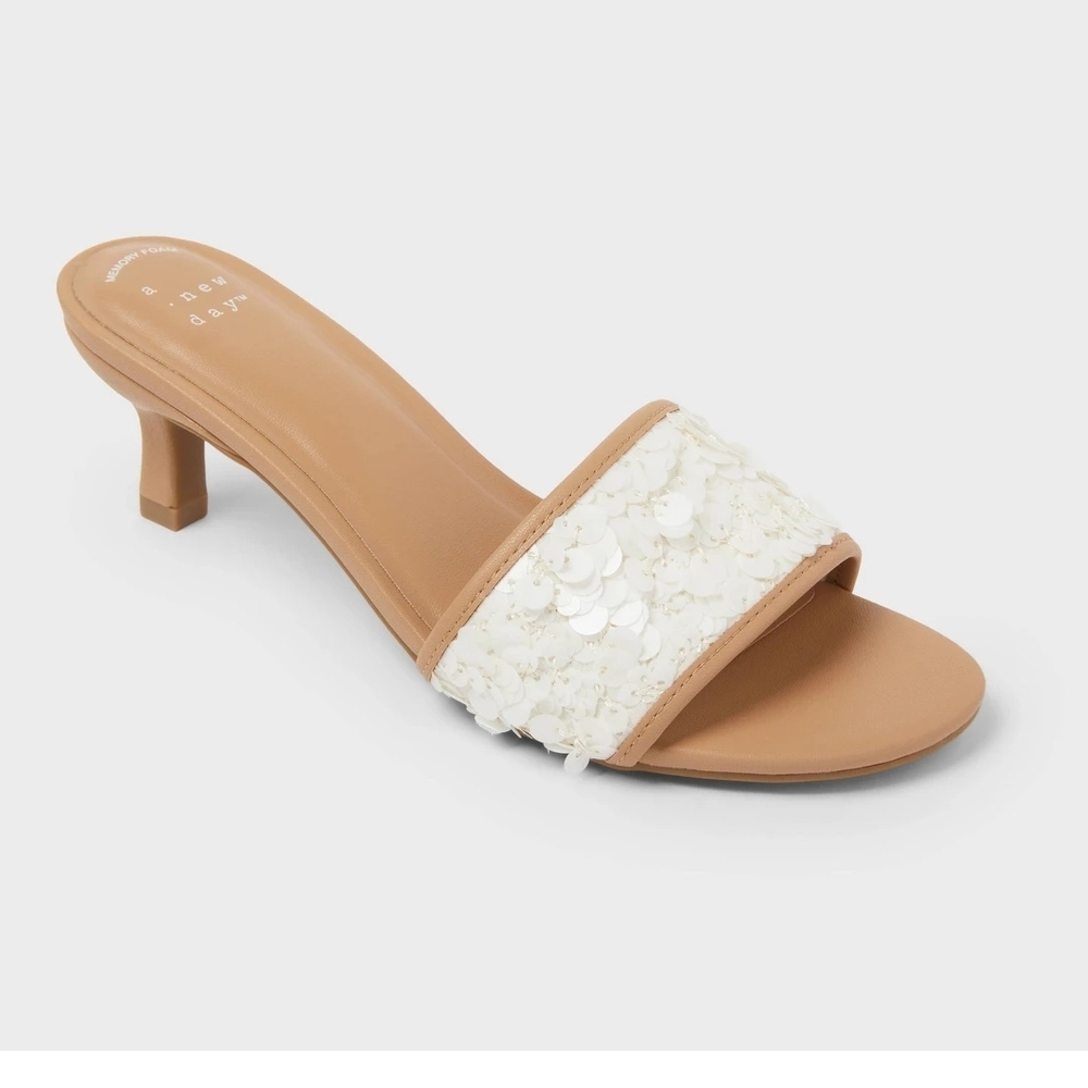 Sequined Slide Sandal — Tan and White